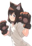  animal_ears bangs blue_eyes brown_hair closed_mouth commentary_request copyright_request gloves hair_between_eyes hands_up highres looking_at_viewer looking_to_the_side paw_gloves paws shirt short_sleeves simple_background smile solo upper_body wasabi60 white_background white_shirt 