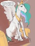  2017 chair crown english_text equine feathered_wings feathers female feral feralized friendship_is_magic hair hi_res horn jewelry mammal multicolored_hair my_little_pony necklace princess_celestia_(mlp) silfoe solo text throne white_feathers winged_unicorn wings 