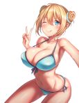  bikini blend_s blonde_hair blue_bikini blue_eyes breasts cleavage cloud cowboy_shot double_bun front-tie_top hair_between_eyes hinata_kaho large_breasts leaning_forward looking_at_viewer lun7732 reaching_out self_shot side-tie_bikini simple_background solo swimsuit v white_background 