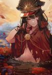  black_hair cape chain commentary falling_leaves fate/grand_order fate_(series) flower gold_chain hat leaf long_hair marchab_66 medallion naked_cape no_panties oda_nobunaga_(fate) oda_uri red_eyes shako_cap sitting water 