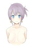  bangs blush breasts closed_mouth commentary_request copyright_request earrings eyebrows_visible_through_hair folded_ponytail jewelry looking_at_viewer medium_breasts nezuko no_nipples nude purple_hair simple_background smile solo upper_body white_background 