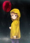  1girl balloon blue_eyes brown_hair commentary_request from_behind highres idolmaster idolmaster_million_live! it_(stephen_king) kaiga looking_at_viewer pennywise rain raincoat short_hair suou_momoko when_you_see_it yellow_coat 
