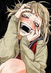  :d blonde_hair blush boku_no_hero_academia cardigan fangs finger_in_mouth hands_on_own_face head_tilt highres knee_up looking_at_viewer messy_hair neckerchief open_mouth sano-dou sanpaku school_uniform serafuku slit_pupils smile solo toga_himiko upper_body yandere_trance yellow_eyes 