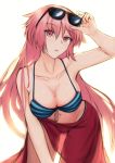  bikini breasts cleavage collarbone commentary_request eyewear_on_head girls_frontline hand_on_eyewear highres lodbyy looking_at_viewer ntw-20_(girls_frontline) open_mouth pink_eyes pink_hair raised_eyebrows sarong sunglasses swimsuit thigh_gap white_background 
