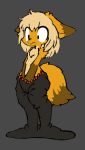  anthro bound canine clothing covering covering_crotch encasement female fox fur living_suit mammal rubber rubber_suit simple_background solo sorrynothing tiny_fox_(sorrynothing) trapped yellow_fur 