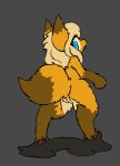  anthro blue_eyes canine clothing female fox fur living_suit looking_back mammal pussy rubber rubber_suit simple_background solo sorrynothing standing surprise tentacles tiny_fox_(sorrynothing) trapped yellow_fur 