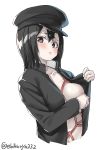  akitsu_maru_(kantai_collection) black_eyes black_hair black_hat black_jacket blush breasts commentary_request cropped_torso ebifurya eyebrows_visible_through_hair furrowed_eyebrows hair_between_eyes hat high_collar highres jacket kantai_collection karada looking_at_viewer medium_breasts medium_hair military military_uniform open_clothes open_jacket pale_skin peaked_cap red_rope remodel_(kantai_collection) rope shibari shibari_under_clothes simple_background solo twitter_username uniform white_background 