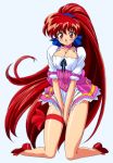  akira_(viper) breasts cleavage dress full_body high_ponytail kimura_takahiro kneeling large_breasts long_hair long_legs looking_at_viewer non-web_source official_art plantar_flexion red_eyes red_footwear red_hair ribbon short_sleeves simple_background smile solo sweat thigh_ribbon v_arms very_long_hair viper viper_v16 