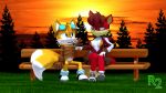  2018 3d_(artwork) anthro archie_comics breasts canine clothed clothing digital_media_(artwork) duo female fiona_fox fox fur hi_res male mammal miles_prower rotalice2 sonic_(series) sunset tails_(disambiguation) yellow_fur 