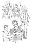  :d absurdres anger_vein bag beanie comic crossed_arms fist_in_hand full_body greyscale hand_in_pocket hat highres monochrome multiple_boys open_mouth original pants peach_(momozen) satchel shirt silent_comic smile spiked_hair standing t-shirt tank_top 