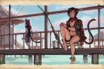  animal_ears ankle_bell anklet barefoot bbc-chan bell bikini black_bikini black_hair breasts bucket cat_ears cat_tail commentary dark_skin english_commentary eyeshadow final_fantasy final_fantasy_xiv fishing_rod jacket_on_shoulders jewelry jingle_bell makeup miqo'te neckerchief pier short_hair sitting small_breasts solo_focus stool swimsuit tail toes yellow_eyes 
