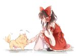  1girl animal animalization black_footwear blonde_hair bow brown_hair commentary detached_sleeves dog hair_bow hakurei_reimu holding_paw kirisame_marisa kosencha large_bow red_eyes sarashi shoes short_hair_with_long_locks skirt skirt_set smile squatting tail_wagging touhou vest 