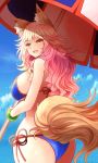  :d animal_ear_fluff animal_ears arano_oki ass bangle bangs bare_shoulders beach_umbrella bikini blue_bikini blue_sky blush bracelet breasts cloud commentary_request day eyebrows_visible_through_hair fang fate/grand_order fate_(series) fox_ears fox_girl fox_tail holding holding_umbrella horizon jewelry large_breasts long_hair looking_back ocean open_mouth outdoors partial_commentary pink_hair pixiv_fate/grand_order_contest_2 side-tie_bikini sky smile solo swimsuit tail tamamo_(fate)_(all) tamamo_no_mae_(swimsuit_lancer)_(fate) umbrella very_long_hair water wavy_hair yellow_eyes 