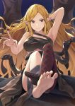  adjusting_hair barefoot blonde_hair breasts brown_eyes commentary_request feet granblue_fantasy hand_behind_head hinami_(hinatamizu) large_breasts long_hair outstretched_hand pointy_ears single_sock single_thighhigh smile snake socks solo thighhighs typhon_(granblue_fantasy) 
