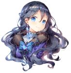  black_hair blue_bow blue_eyes blue_hair blue_ribbon bow commission earrings fur_collar jewelry long_hair looking_at_viewer original ribbon smile tonowa transparent_background upper_body wavy_hair 