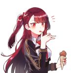  bangs blazer blush braid breasts chizu_(cheese) collared_shirt commentary finger_licking food french_braid girls_frontline gloves hair_ribbon half_updo hand_up holding holding_food ice_cream ice_cream_cone jacket large_breasts licking long_hair looking_at_viewer necktie one_side_up open_mouth purple_hair red_eyes red_neckwear ribbon shirt sidelocks simple_background solo strap striped striped_shirt surprised tongue tongue_out upper_body very_long_hair wa2000_(girls_frontline) white_background white_shirt 