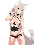 animal_ears black_choker blush breasts choker cowboy_shot criss-cross_halter eyebrows_visible_through_hair fox_ears fox_tail green_eyes grey_hair halterneck hand_in_hair hand_up head_tilt highres legs_apart looking_at_viewer medium_breasts navel nezuko nipples original parted_lips simple_background slit_pupils smile solo standing tail white_background wrist_cuffs 