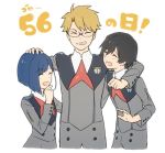  2boys arm_over_shoulder black_hair blonde_hair blue_hair blush closed_eyes commentary_request darling_in_the_franxx date_pun glasses gorou_(darling_in_the_franxx) hand_on_another's_head hiro_(darling_in_the_franxx) ichigo_(darling_in_the_franxx) long_sleeves lowres military military_uniform multiple_boys necktie number_pun open_mouth red_neckwear toma_(norishio) uniform 
