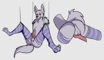  2018 ankle_cuffs anthro anus balls bdsm bondage bound canine clothing digital_media_(artwork) dima_(artist) erection fur hands_behind_back knot legwear looking_at_viewer male mammal nude penis rope shackles simple_background smile socks solo spread_legs spreading stockings suspension thigh_socks 