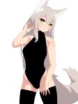  animal_ears bare_arms bare_shoulders black_legwear black_leotard blush breasts cowboy_shot eyebrows_visible_through_hair fox_ears fox_tail green_eyes grey_hair hand_in_hair hand_up head_tilt highres legs_apart leotard looking_at_viewer medium_breasts nezuko original parted_lips simple_background slit_pupils smile solo standing tail thighhighs white_background 