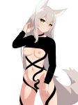  animal_ears black_choker blush breasts choker cowboy_shot cropped_shirt eyebrows_visible_through_hair fox_ears fox_tail green_eyes grey_hair hand_in_hair hand_up head_tilt highres legs_apart long_sleeves looking_at_viewer medium_breasts navel nezuko nipples original parted_lips revealing_clothes simple_background slit_pupils smile solo standing tail white_background 