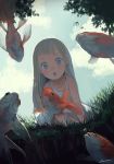  :o cloud commentary_request day fish from_below grass grey_eyes grey_hair highres kaname_(emanalc) koi long_hair original pond sky solo tree underwater water 