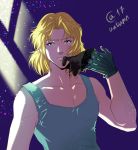  aqua_gloves blonde_hair blue_eyes gloves light looking_to_the_side male_focus mouth_hold raidese_f_branstein sasha_gladysh signature solo super_robot_wars super_robot_wars_original_generation tank_top upper_body 