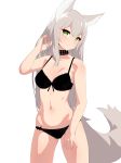  animal_ears bare_arms bare_shoulders black_bra black_choker black_panties blush bra breasts choker cowboy_shot eyebrows_visible_through_hair fox_ears fox_tail frilled_bra frills green_eyes grey_hair hand_in_hair hand_up head_tilt highres legs_apart looking_at_viewer medium_breasts nezuko original panties parted_lips simple_background slit_pupils smile solo standing tail underwear underwear_only white_background 