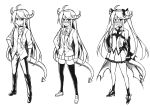  ahoge bare_shoulders blush commentary crossdressing demon_tail detached_sleeves english_commentary hand_on_hip horns long_hair long_sleeves looking_at_viewer monochrome multiple_views open_mouth original otoko_no_ko peach_(momozen) pleated_skirt pointy_ears skirt sleeves_rolled_up tail thighhighs twintails very_long_hair white_background 