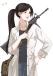  assault_rifle bag black_hair bookbag brown_eyes collarbone cowboy_shot gun hand_on_hip labcoat long_hair looking_to_the_side m4_carbine original ponytail rifle sasha_gladysh smile solo weapon 