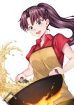  1girl :d apron blue_eyes brown_apron brown_hair cooking dutch_angle fate/stay_night fate_(series) fire floating_hair kelinch1 long_hair open_mouth red_shirt shiny shiny_hair shirt simple_background sleeveless sleeveless_shirt smile solo tohsaka_rin upper_body very_long_hair white_background wok 