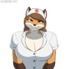  2018 anthro big_breasts breasts brown_eyes brown_fur brown_hair canine cleavage clothed clothing corporalbackrubs digital_media_(artwork) female fox fur gloves_(marking) hair half-length_portrait hat long_hair looking_at_viewer mammal markings nurse nurse_hat nurse_uniform orange_fur portrait simple_background smile solo uniform white_fur 