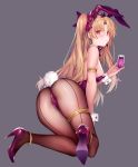  animal_ears anklet ass bangs bare_shoulders blonde_hair blush bow bowtie bracelet breasts bunny_ears bunny_girl bunny_tail bunnysuit commentary_request cup detached_collar drinking_glass earrings ereshkigal_(fate/grand_order) fate/grand_order fate_(series) fishnet_pantyhose fishnets full_body grey_background hair_bow high_heels hoop_earrings infinity jewelry kneeling legs leotard long_hair looking_at_viewer medium_breasts obiwan pantyhose parted_bangs pout red_bow red_eyes red_leotard saint_quartz simple_background solo tail thighlet thighs two_side_up wrist_cuffs 