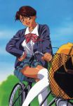  90s :d bicycle bicycle_basket blazer brown_eyes brown_hair dark_skin day ground_vehicle hand_on_hip highres jacket long_sleeves looking_at_viewer official_art open_blazer open_clothes open_jacket open_mouth outdoors over-kneehighs plaid plaid_skirt pleated_skirt school_uniform short_hair skirt smile solo super_real_mahjong tanaka_ryou thighhighs toono_mizuki white_legwear 