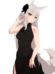  animal_ears bare_arms bare_shoulders blush breasts cowboy_shot dress eyebrows_visible_through_hair flower fox_ears fox_tail green_eyes grey_hair hair_flower hair_ornament hand_in_hair hand_up head_tilt highres legs_apart looking_at_viewer medium_breasts navel nezuko nipples original parted_lips see-through side_slit simple_background sleeveless sleeveless_dress slit_pupils smile solo standing tail white_background 