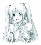  :d commentary detached_sleeves graphite_(medium) greyscale hair_between_eyes hatsune_miku long_hair lowres monochrome necktie open_mouth potters_wheel_pose simple_background smile soichi solo traditional_media twintails vocaloid white_background 