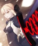  1girl amase_(yagami666) artoria_pendragon_(all) back_bow black_bow black_dress black_sleeves blonde_hair bow braided_bun breasts choker cleavage dress excalibur fate/stay_night fate_(series) hair_bow holding holding_sword holding_weapon medium_breasts parted_lips saber_alter short_hair shrug_(clothing) sidelocks sleeveless sleeveless_dress smile solo standing sword upper_body weapon white_petals yellow 