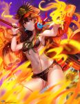  absurdres arm_up bad_id bad_pixiv_id bangs bikini black_bikini black_hat blush breasts brown_hair cape closed_mouth collarbone commentary_request eyebrows_visible_through_hair family_crest fate/grand_order fate_(series) fire hair_between_eyes hat headphones headphones_around_neck highres holding holding_sword holding_weapon katana koha-ace kyjsogom long_hair medium_breasts military_hat navel oda_nobunaga_(fate) oda_uri peaked_cap red_cape red_eyes smile solo swimsuit sword very_long_hair watermark weapon web_address 
