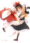  blush brown_eyes brown_hair closed_eyes commentary_request detached_sleeves flying hakurei_reimu half_updo highres imminent_hug imminent_kiss kirisame_marisa kosencha loafers long_hair mary_janes multiple_girls shoes short_hair_with_long_locks smile touhou yuri 