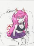  anthro artemis_tsukino bell big_breasts bow breasts cat choker feline female fur hair long_hair mammal pillow pink_eyes pink_hair pink_nose sitting smile sofa solo traditional_media_(artwork) unknown_artist white_fur 