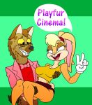  blonde_hair bottomless bow_tie breasts brown_fur carrying clothed clothing duo eyewear female fur glasses hair hyena jawbreaker_hyena lagomorph lola_bunny looney_tunes male mammal multicolored_fur protagon rabbit teeth text warner_brothers 