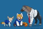  2018 aggressive_retsuko ambiguous_gender black_eyes blue_background brown_fur brown_markings canine claws clothed clothed_feral clothing dress dress_shirt fennec fenneko feral feralized fox front_view fur group haida hyena mammal markings necktie orange_fur orange_markings pawpads racecarart realistic red_panda retsuko shirt side_view simple_background sitting standing tan_fur white_markings 