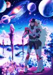  1girl arm_around_waist black_eyes black_hair bodysuit circlet dark_skin facial_mark holding_hand hyakujuu-ou_golion keith_(voltron) lake long_hair mountain planet pointy_ears princess_allura sasha_gladysh sky smile star_(sky) starry_sky voltron:_legendary_defender white_hair 