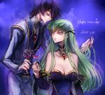  1boy 1girl 2015 black_sleeves breasts c.c. c_(rahit) choker cleavage code_geass cup dated detached_sleeves formal green_hair hand_in_another&#039;s_hair holding holding_cup lelouch_lamperouge long_hair long_sleeves medium_breasts parted_lips purple_hair red_eyes short_hair sketch smile strapless very_long_hair yellow_eyes 