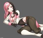  bead_necklace beads boots breasts brown_eyes brown_hair cleavage commentary finger_to_mouth gloves heterochromia high_heel_boots high_heels highres jewelry kio_rojine knee_boots multicolored_hair necklace neo_(rwby) pink_eyes pink_hair rwby solo tongue tongue_out white_hair 