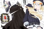  1boy 1girl abigail_williams_(fate/grand_order) bangs black_bow black_cloak black_dress black_hat blonde_hair bloomers blue_eyes bow bug butterfly cloak comic commentary_request crossed_bandaids dress emphasis_lines facing_away fate/grand_order fate_(series) glowing glowing_eyes hair_bow hat highres horns insect king_hassan_(fate/grand_order) long_hair long_sleeves neon-tetora orange_bow parted_bangs polka_dot polka_dot_bow skull sleeves_past_fingers sleeves_past_wrists speech_bubble spikes square_mouth sweat translation_request underwear very_long_hair white_bloomers 