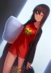  1girl backlighting brown_hair collarbone drooling fate/grand_order fate_(series) hat highres holding holding_hat holding_pillow inugoya long_hair looking_at_viewer military_hat oda_nobunaga_(fate) one_eye_closed parted_lips pillow print_shirt red_eyes red_shirt shirt solo standing very_long_hair 