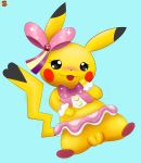  blush bow cleft_tail clothed clothing cosplay cosplay_pikachu female feral fur hair_bow hair_ribbon nintendo open_mouth pikachu pikachu_pop_star pok&eacute;mon pok&eacute;mon_(species) pussy ribbons skirt smile solo swizzle tongue video_games yellow_fur 