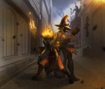  2018 5_fingers anthro blue_eyes canine clothed clothing detailed_background digital_media_(artwork) duo feline female fire fox hammer kittydee male mammal night orange_eyes outside sienna_fuegonasus smile tools vermintide victor_saltzpyre warhammer 