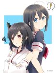  2girls ahoge back-to-back black_hair black_serafuku blue_background blue_eyes braid commentary_request detached_sleeves hair_ornament hair_over_shoulder highres kantai_collection multiple_girls nontraditional_miko red_eyes school_uniform serafuku shigure_(kantai_collection) short_hair single_braid spoken_exclamation_mark squiggle two-tone_background white_background wide_sleeves yamashiro_(kantai_collection) younger yukichi_(eikichi) 